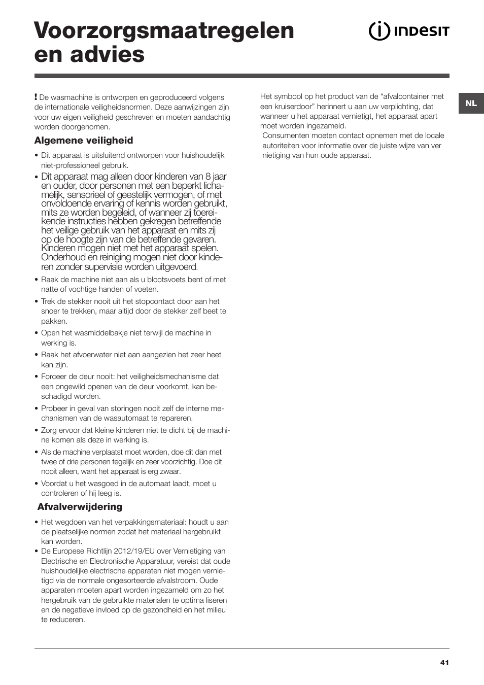 Voorzorgsmaatregelen en advies | Indesit IWTE-61281-ECO-(EU) User Manual | Page 41 / 84