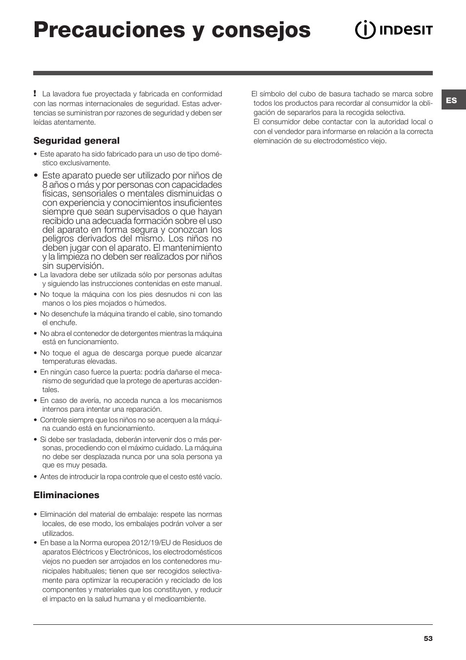 Precauciones y consejos | Indesit IWTE-61281-ECO-(EU) User Manual | Page 53 / 84