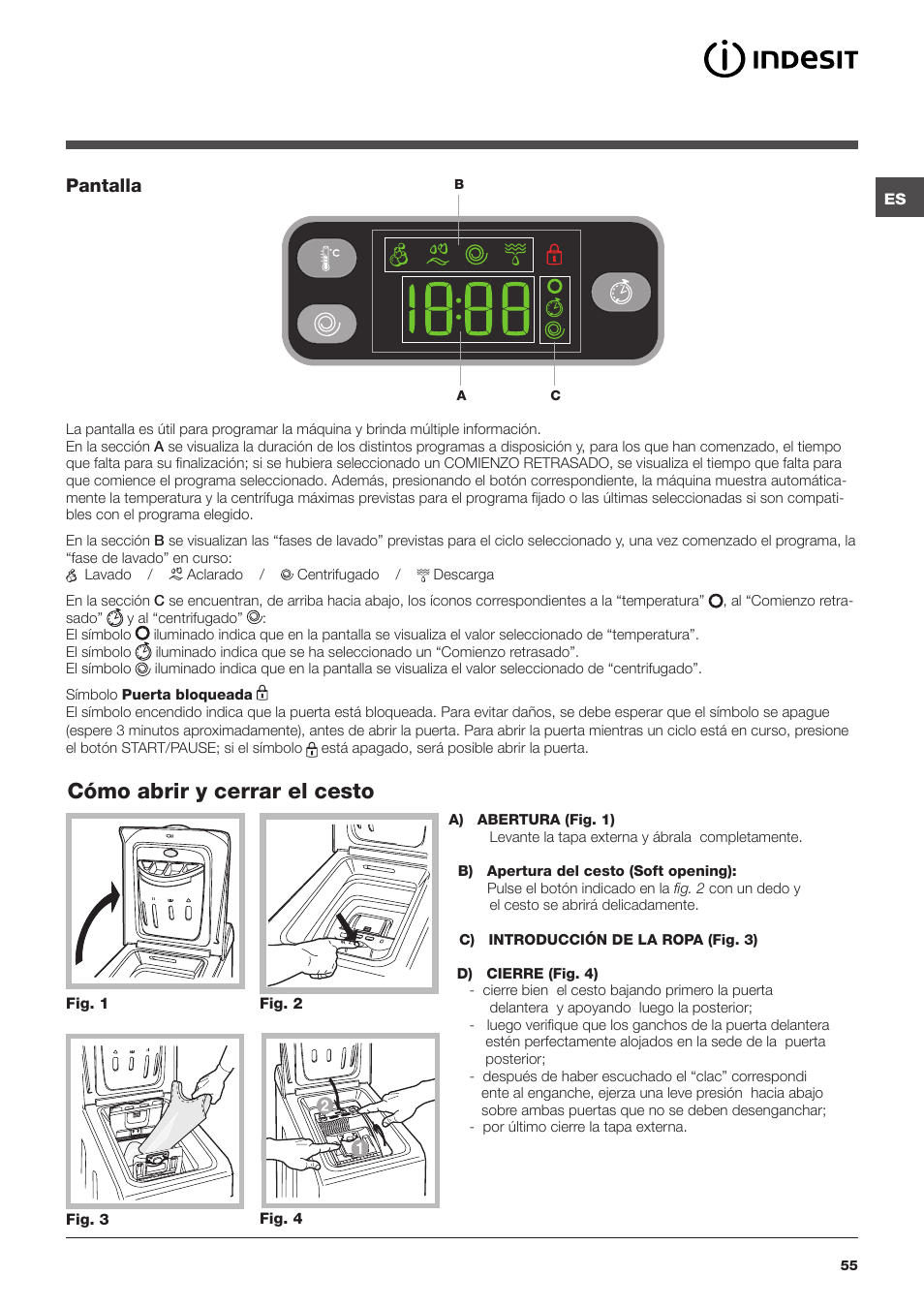 Cómo abrir y cerrar el cesto, Pantalla | Indesit IWTE-61281-ECO-(EU) User Manual | Page 55 / 84
