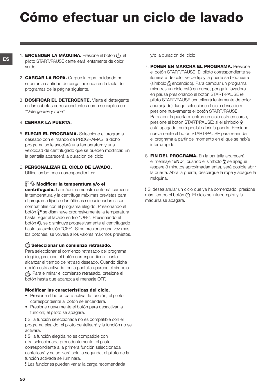 Cómo efectuar un ciclo de lavado | Indesit IWTE-61281-ECO-(EU) User Manual | Page 56 / 84