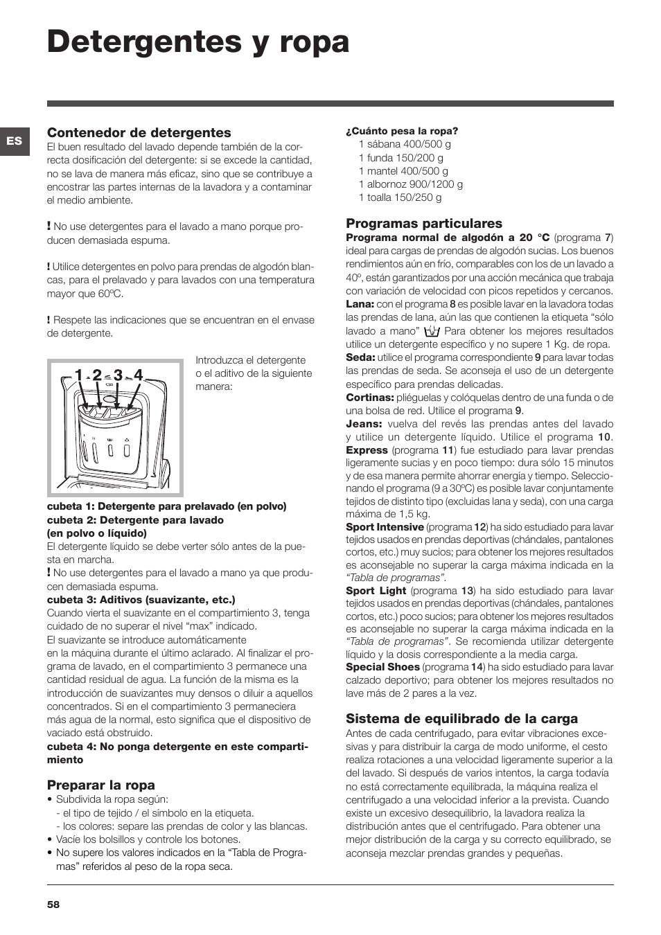 Detergentes y ropa | Indesit IWTE-61281-ECO-(EU) User Manual | Page 58 / 84