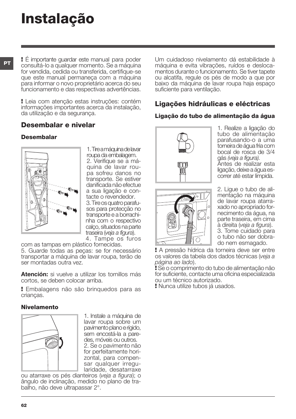 Instalação | Indesit IWTE-61281-ECO-(EU) User Manual | Page 62 / 84