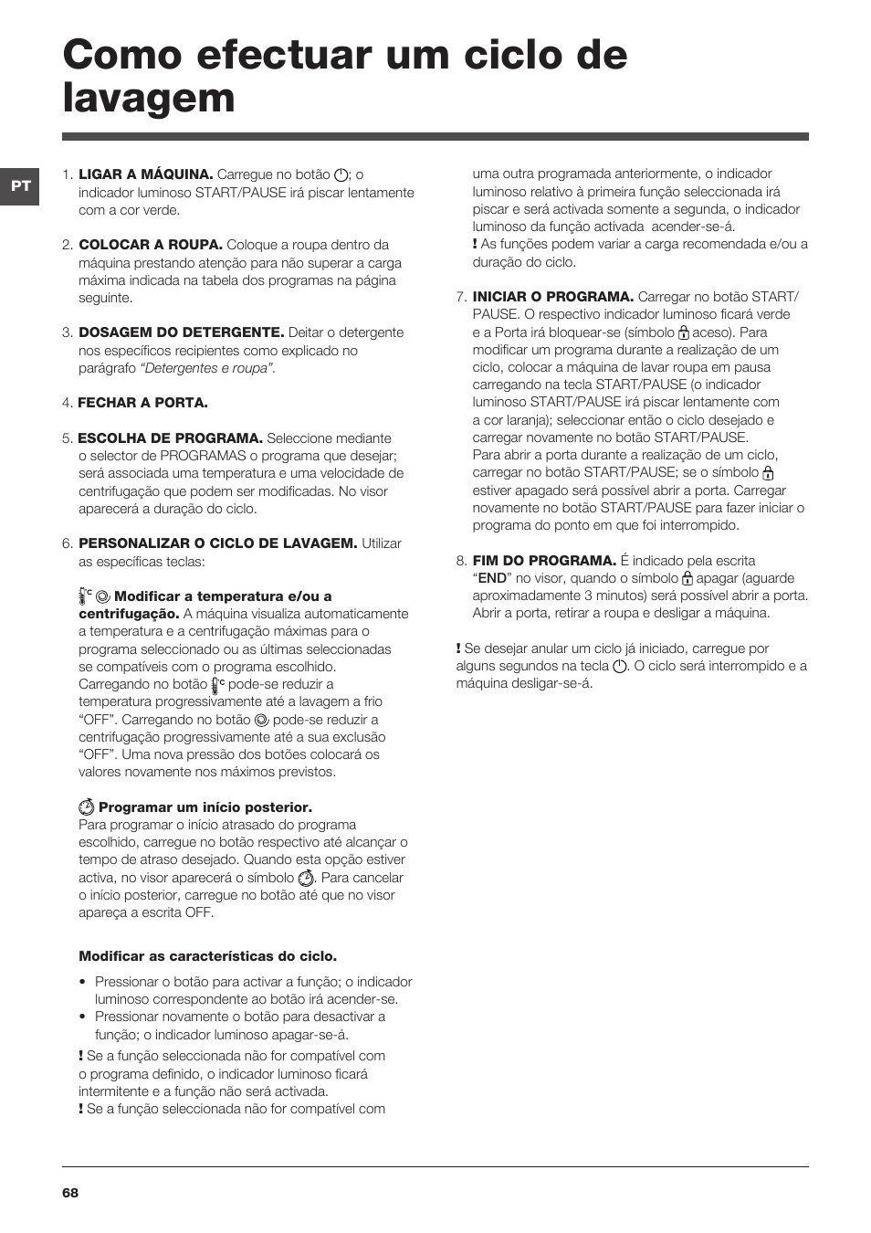 Como efectuar um ciclo de lavagem | Indesit IWTE-61281-ECO-(EU) User Manual | Page 68 / 84
