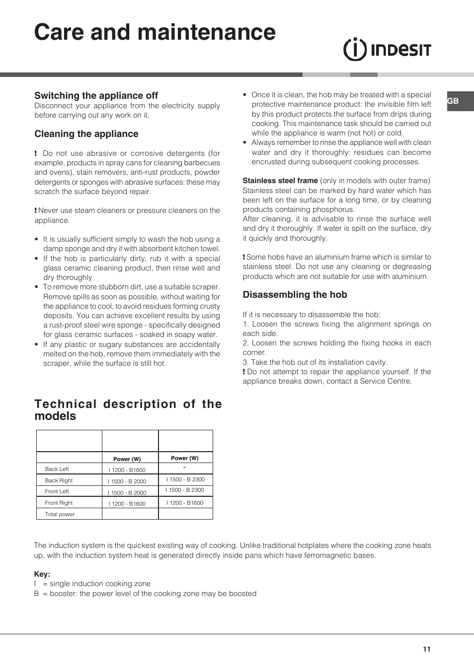 Care and maintenance, Technical description of the models, Switching the appliance off | Cleaning the appliance, Disassembling the hob | Indesit VIX-644-C-E User Manual | Page 11 / 84