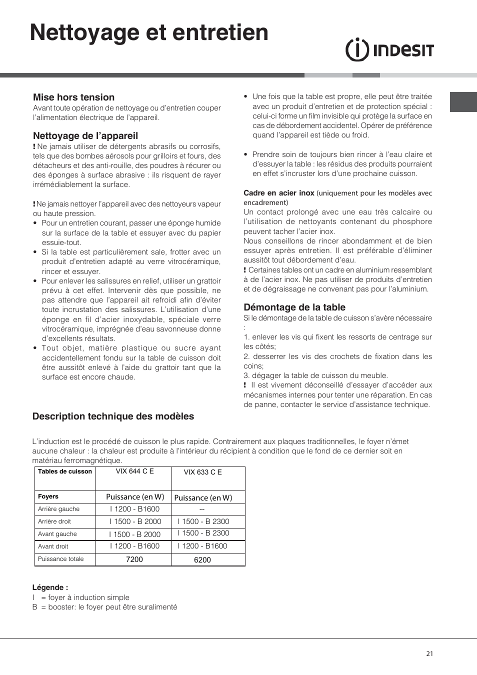 Nettoyage et entretien, Mise hors tension, Nettoyage de l’appareil | Démontage de la table, Description technique des modèles | Indesit VIX-644-C-E User Manual | Page 21 / 84