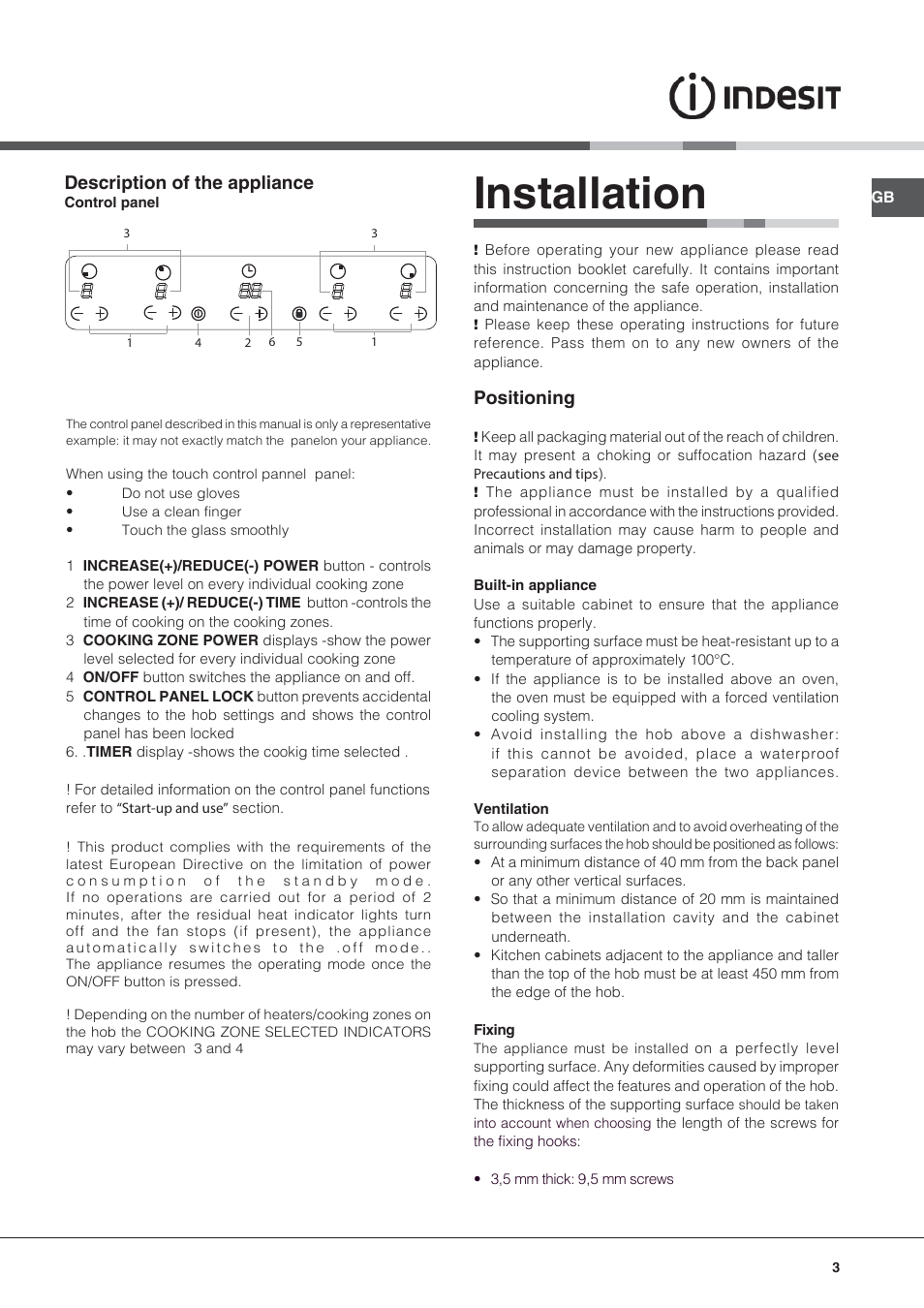 Installation, Description of the appliance, Positioning | Indesit VIX-644-C-E User Manual | Page 3 / 84