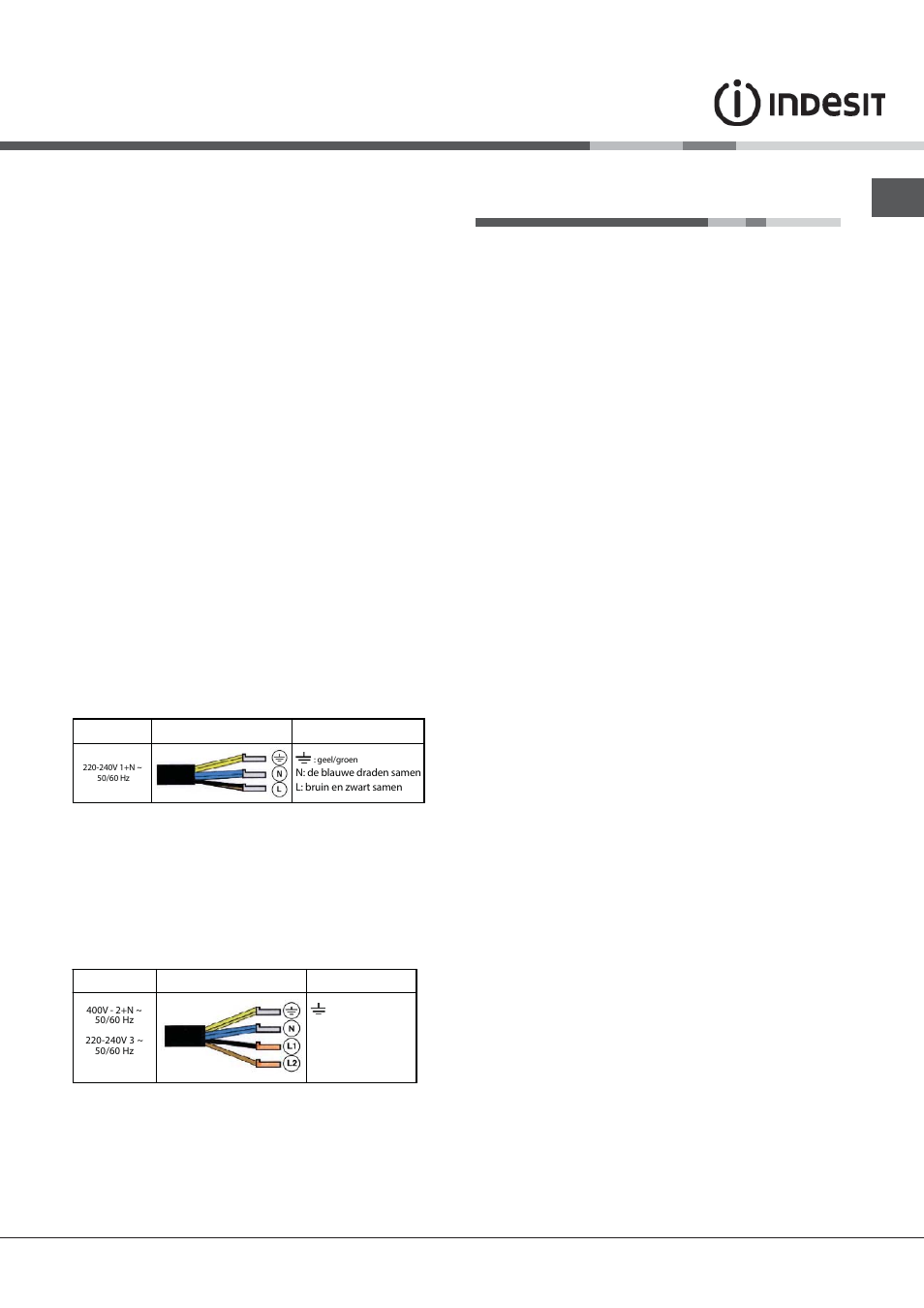 Opstart en gebruik, Elektrische aansluiting | Indesit VIX-644-C-E User Manual | Page 45 / 84