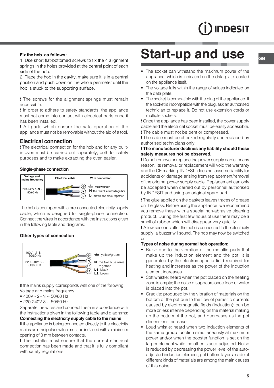 Start-up and use, Electrical connection | Indesit VIX-644-C-E User Manual | Page 5 / 84