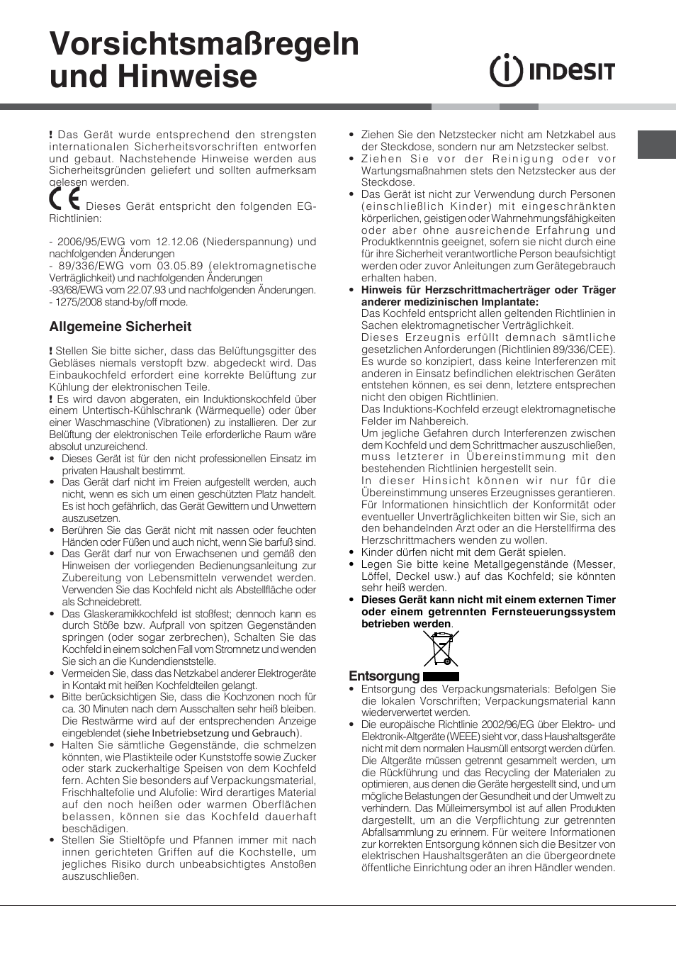 Vorsichtsmaßregeln und hinweise, Allgemeine sicherheit, Entsorgung | Indesit VIX-644-C-E User Manual | Page 61 / 84