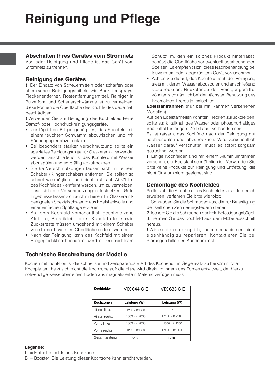 Reinigung und pflege, Abschalten ihres gerätes vom stromnetz, Reinigung des gerätes | Demontage des kochfeldes, Technische beschreibung der modelle | Indesit VIX-644-C-E User Manual | Page 62 / 84