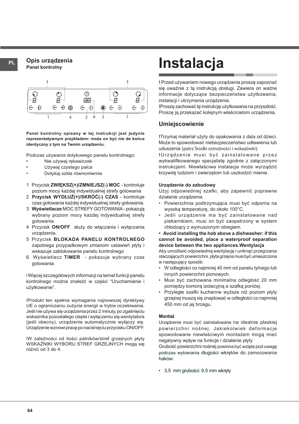 Instalacja, Opis urządzenia, Umiejscowienie | Indesit VIX-644-C-E User Manual | Page 64 / 84