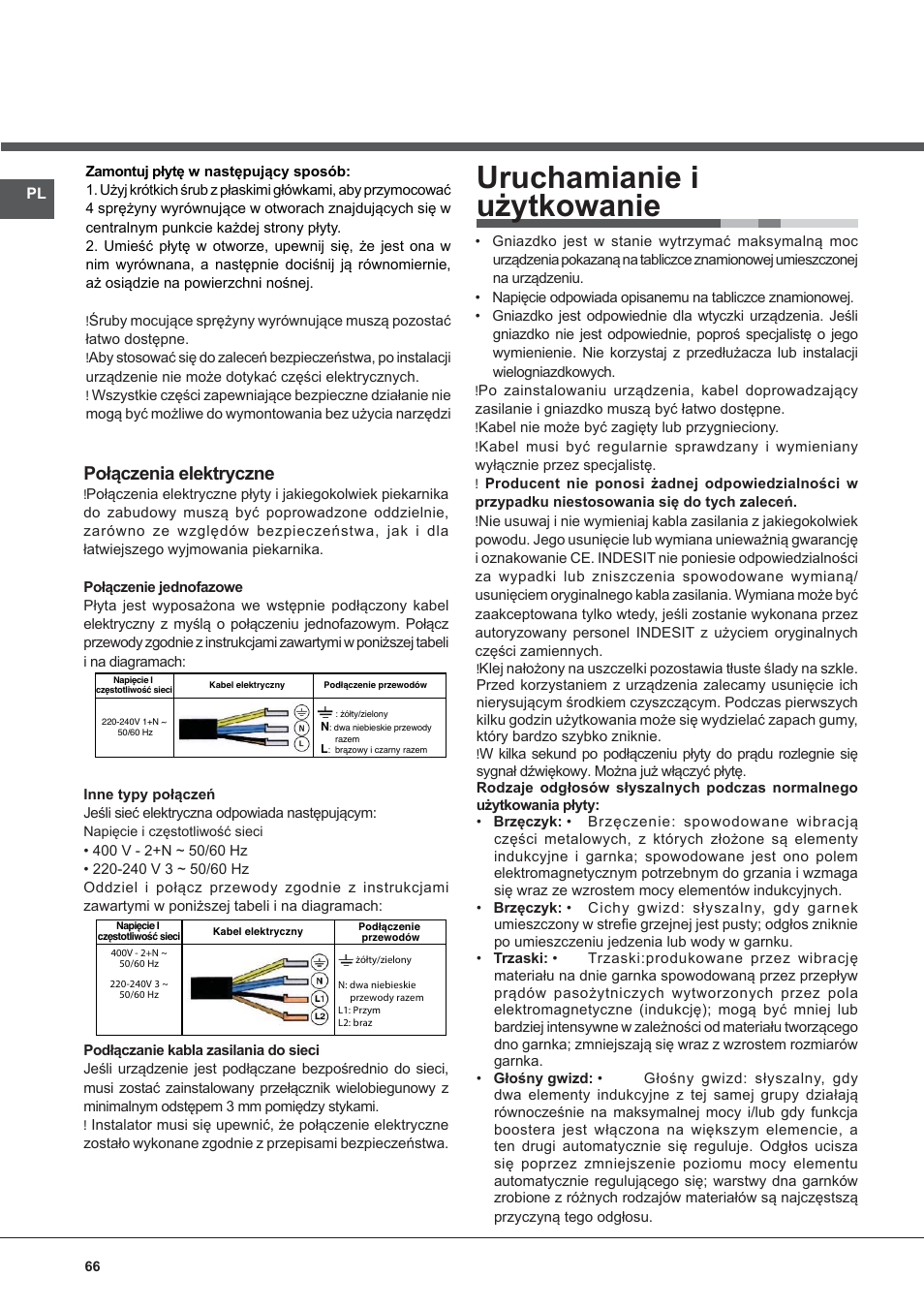 Uruchamianie i użytkowanie, Połączenia elektryczne | Indesit VIX-644-C-E User Manual | Page 66 / 84