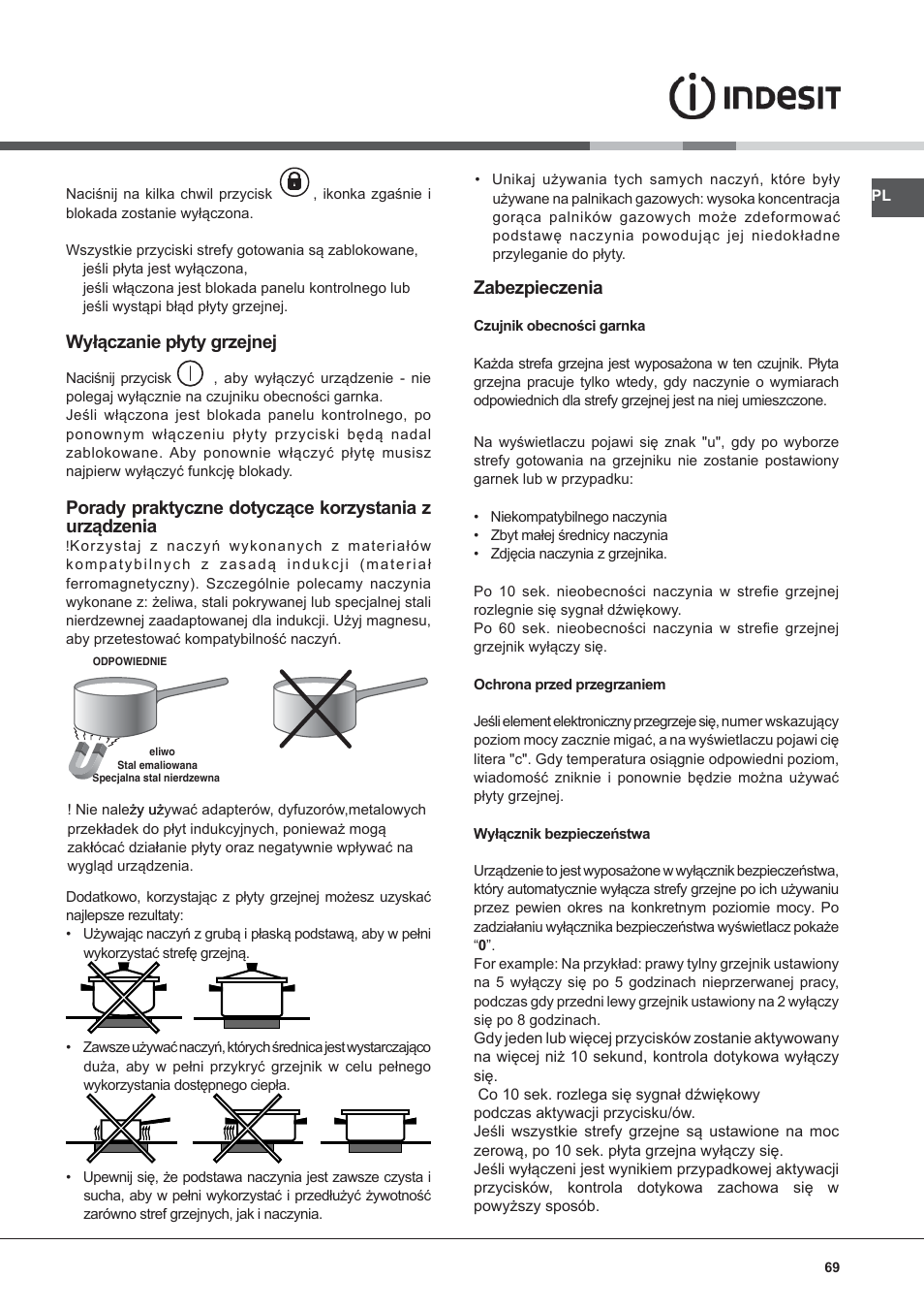 Wyłączanie płyty grzejnej, Zabezpieczenia | Indesit VIX-644-C-E User Manual | Page 69 / 84