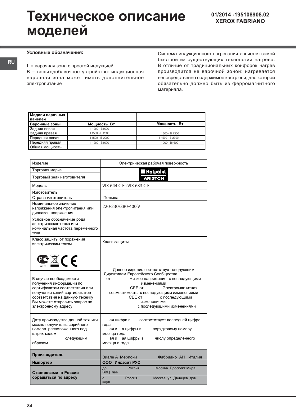 Техническое описание моделей | Indesit VIX-644-C-E User Manual | Page 84 / 84