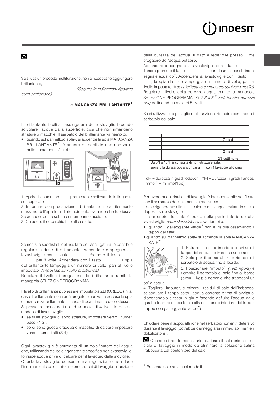 Brillantante e sale rigenerante, Caricare il brillantante, Caricare il sale rigenerante | Indesit DPG-16B1-A-K-EU User Manual | Page 11 / 68