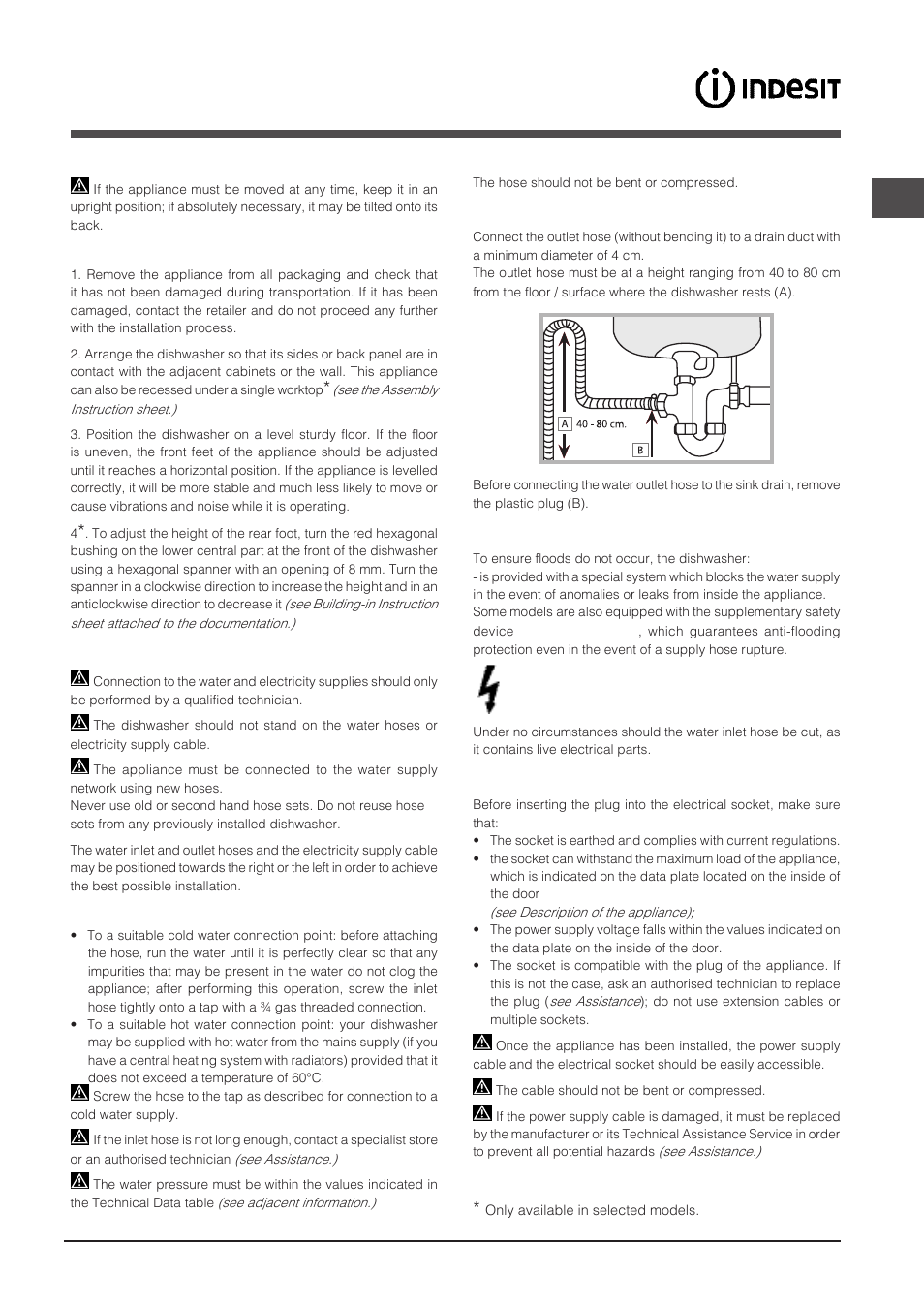 Installation, Positioning and levelling, Connecting the water and electricity supplies | Indesit DPG-16B1-A-K-EU User Manual | Page 19 / 68