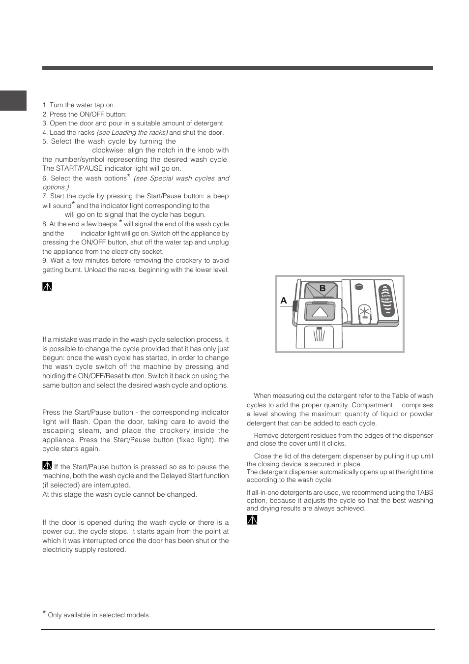 Start-up and use, Measuring out the detergent, Starting the dishwasher | Indesit DPG-16B1-A-K-EU User Manual | Page 24 / 68