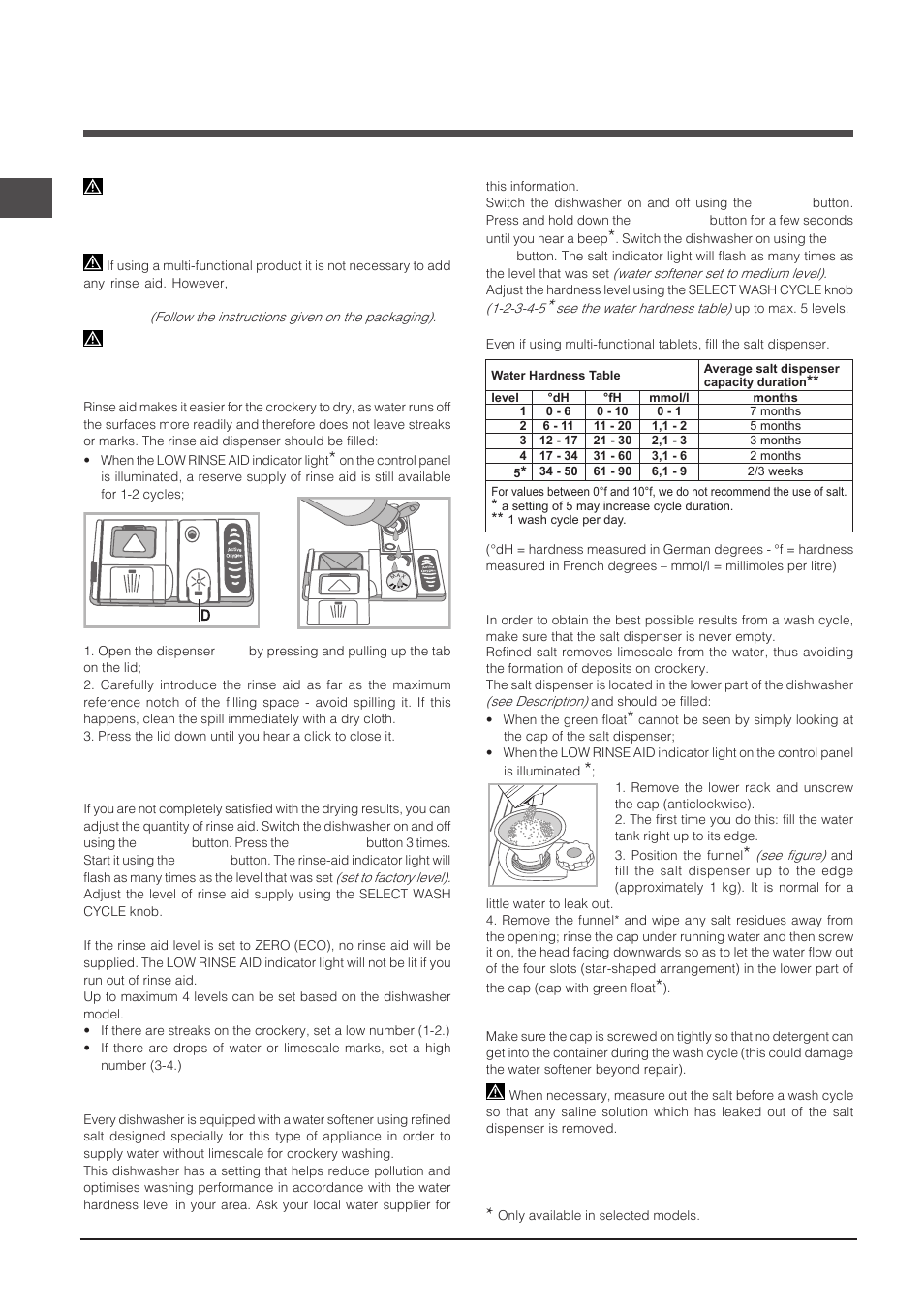 Rinse aid and refined salt, Measuring out the rinse aid, Measuring out the refined salt | Indesit DPG-16B1-A-K-EU User Manual | Page 26 / 68