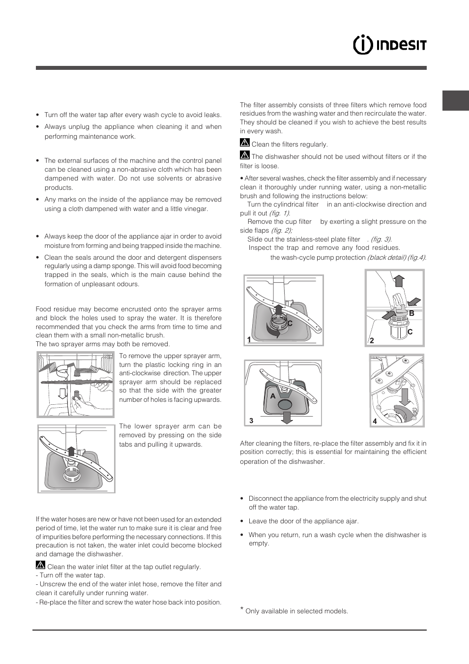 Care and maintenance, Shutting off the water and electricity supplies, Cleaning the dishwasher | Preventing unpleasant odours, Cleaning the sprayer arms, Cleaning the water inlet filter, Cleaning the filters, Leaving the machine unused for extended periods | Indesit DPG-16B1-A-K-EU User Manual | Page 27 / 68