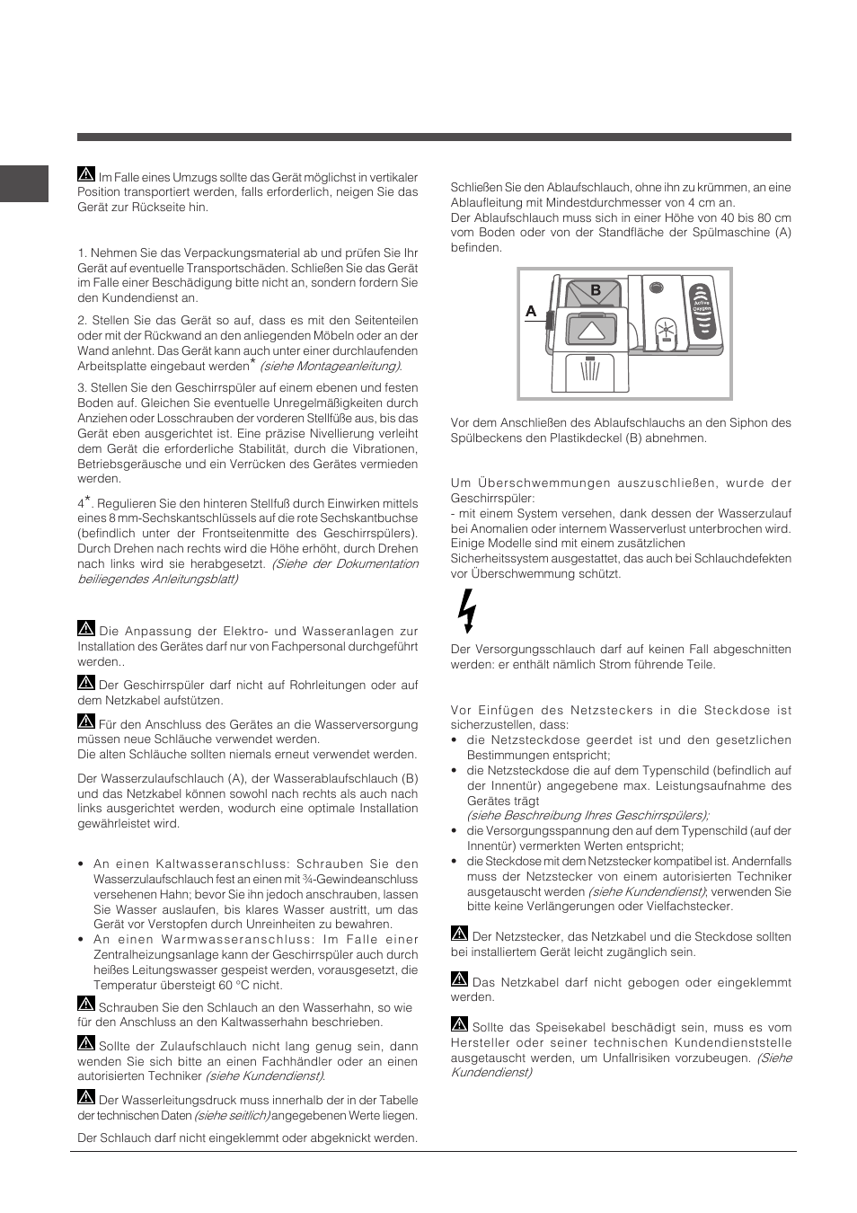 Installation - kundendienst, Positionierung und nivellierung, Wasser- und elektroanschlüsse | Indesit DPG-16B1-A-K-EU User Manual | Page 46 / 68