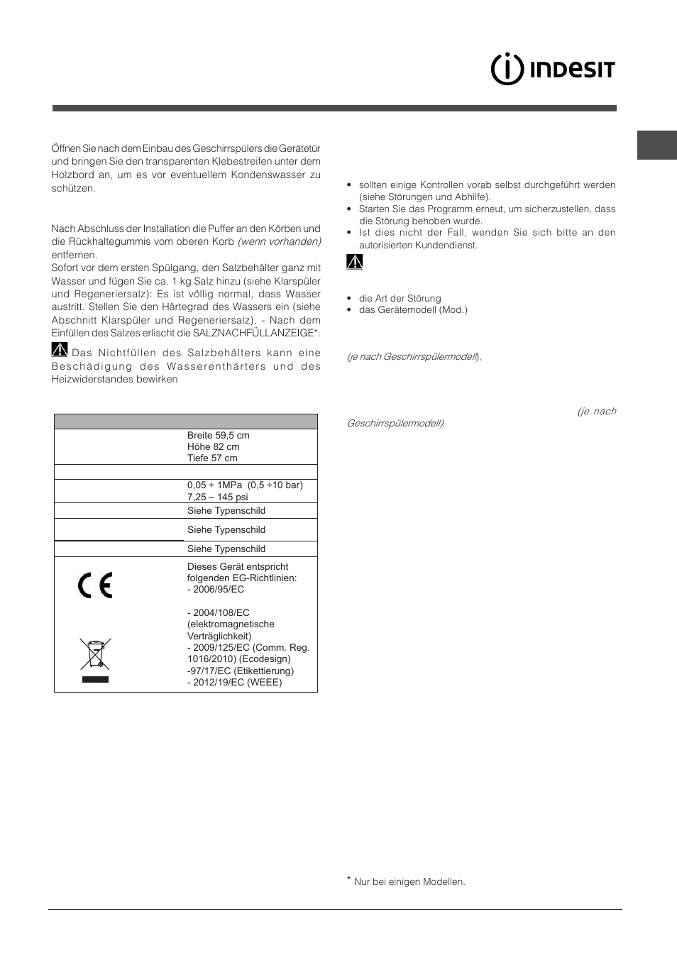 Kundendienst, Hinweise zur ersten inbetriebnahme | Indesit DPG-16B1-A-K-EU User Manual | Page 47 / 68