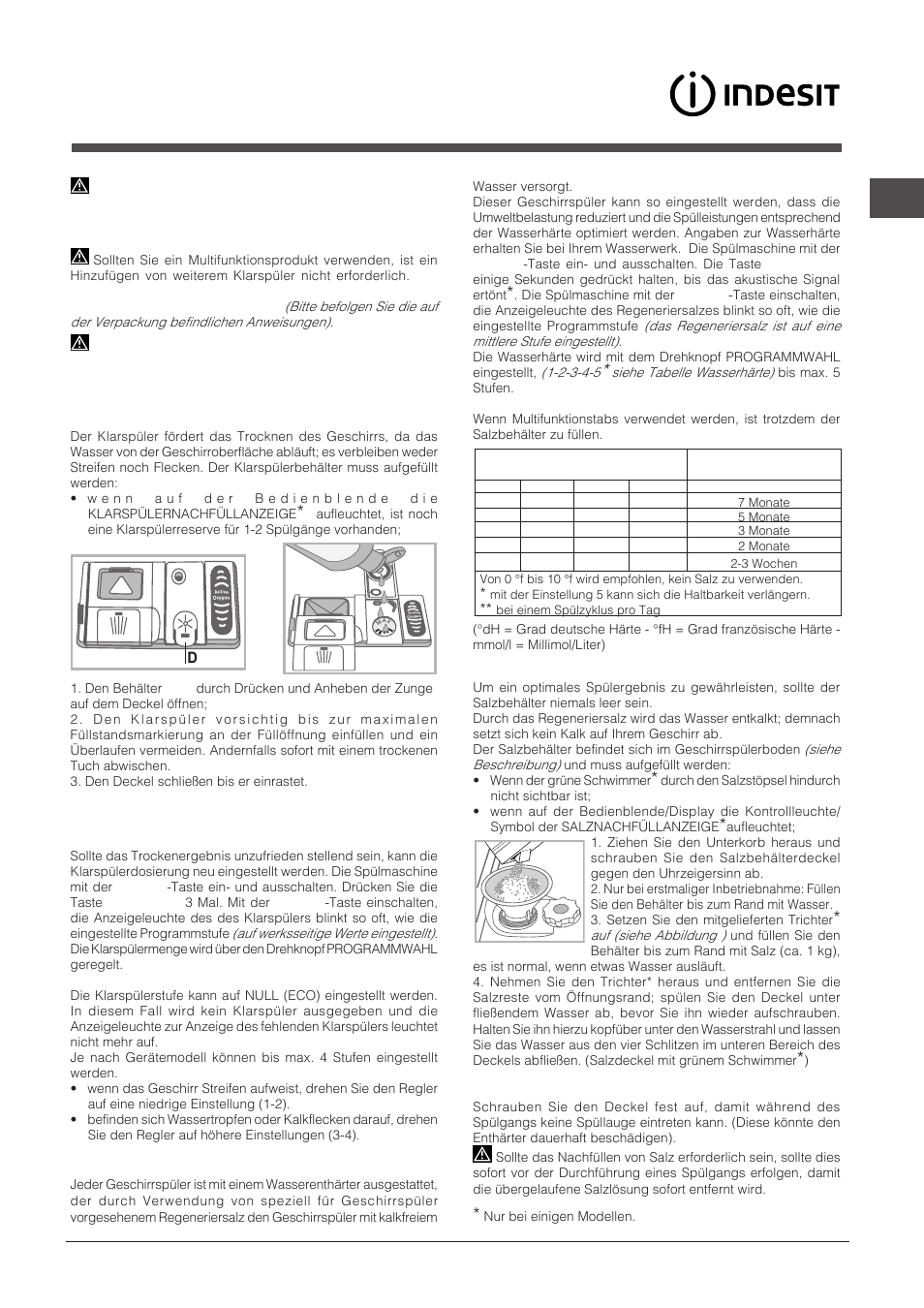 Klarspüler und regeneriersalz, Einfüllen des klarspülers, Einfüllen des regeneriersalzes | Indesit DPG-16B1-A-K-EU User Manual | Page 53 / 68