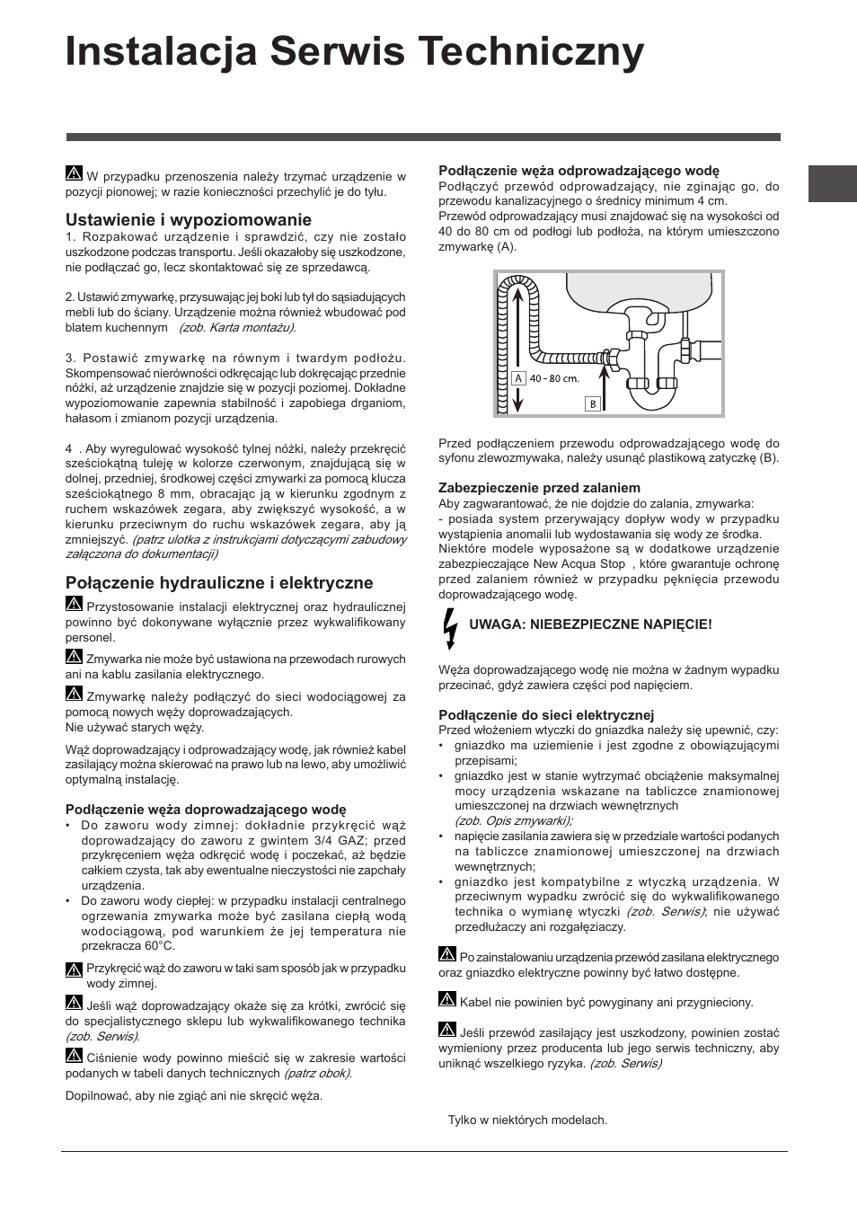 Instalacja serwis techniczny, Ustawienie i wypoziomowanie, Połączenie hydrauliczne i elektryczne | Indesit DPG-16B1-A-K-EU User Manual | Page 59 / 68