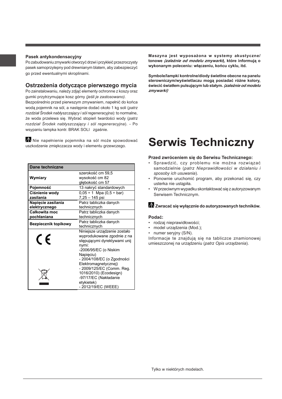 Serwis techniczny, Ostrzeżenia dotyczące pierwszego mycia | Indesit DPG-16B1-A-K-EU User Manual | Page 60 / 68