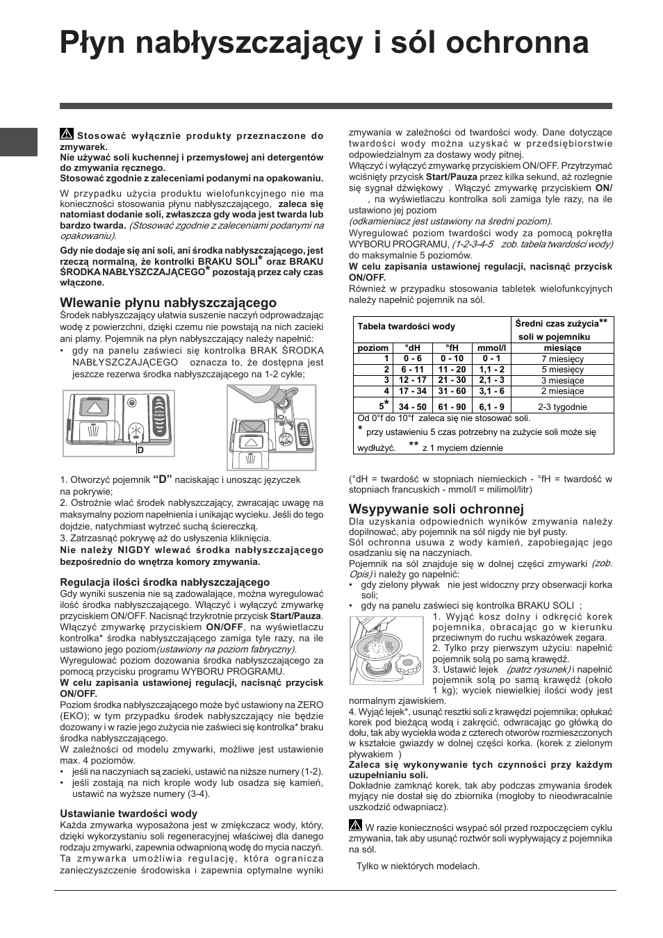 Płyn nabłyszczający i sól ochronna, Wlewanie płynu nabłyszczającego, Wsypywanie soli ochronnej | Indesit DPG-16B1-A-K-EU User Manual | Page 66 / 68