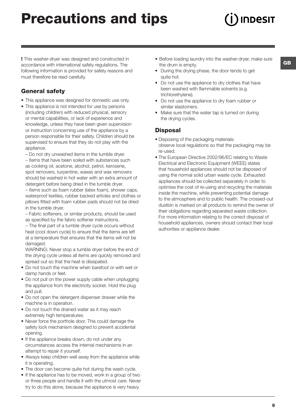 Precautions and tips | Indesit PWDE-7124-W-(EU) User Manual | Page 9 / 72