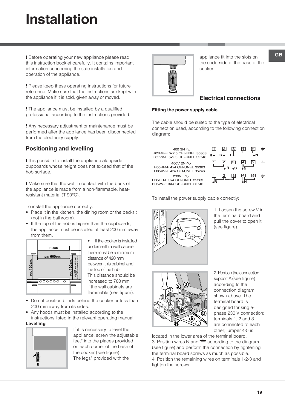 118602 gb, Installation, Positioning and levelling | Electrical connections | Indesit I5V7H6A(X)-EU User Manual | Page 19 / 76