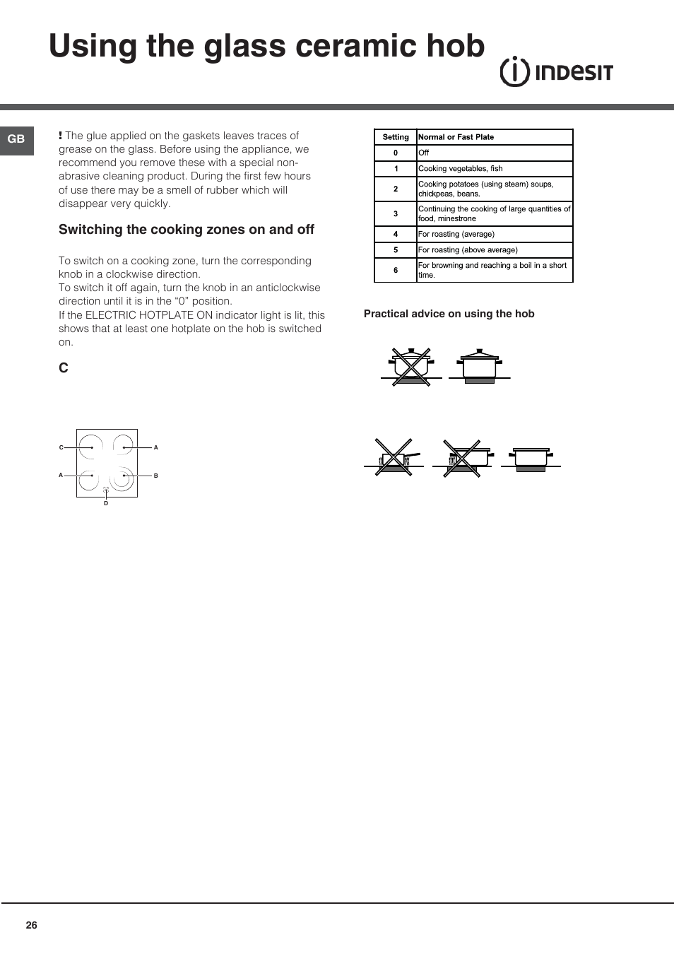 Using the glass ceramic hob, Switching the cooking zones on and off, C ooking zones | Indesit I5V7H6A(X)-EU User Manual | Page 26 / 76
