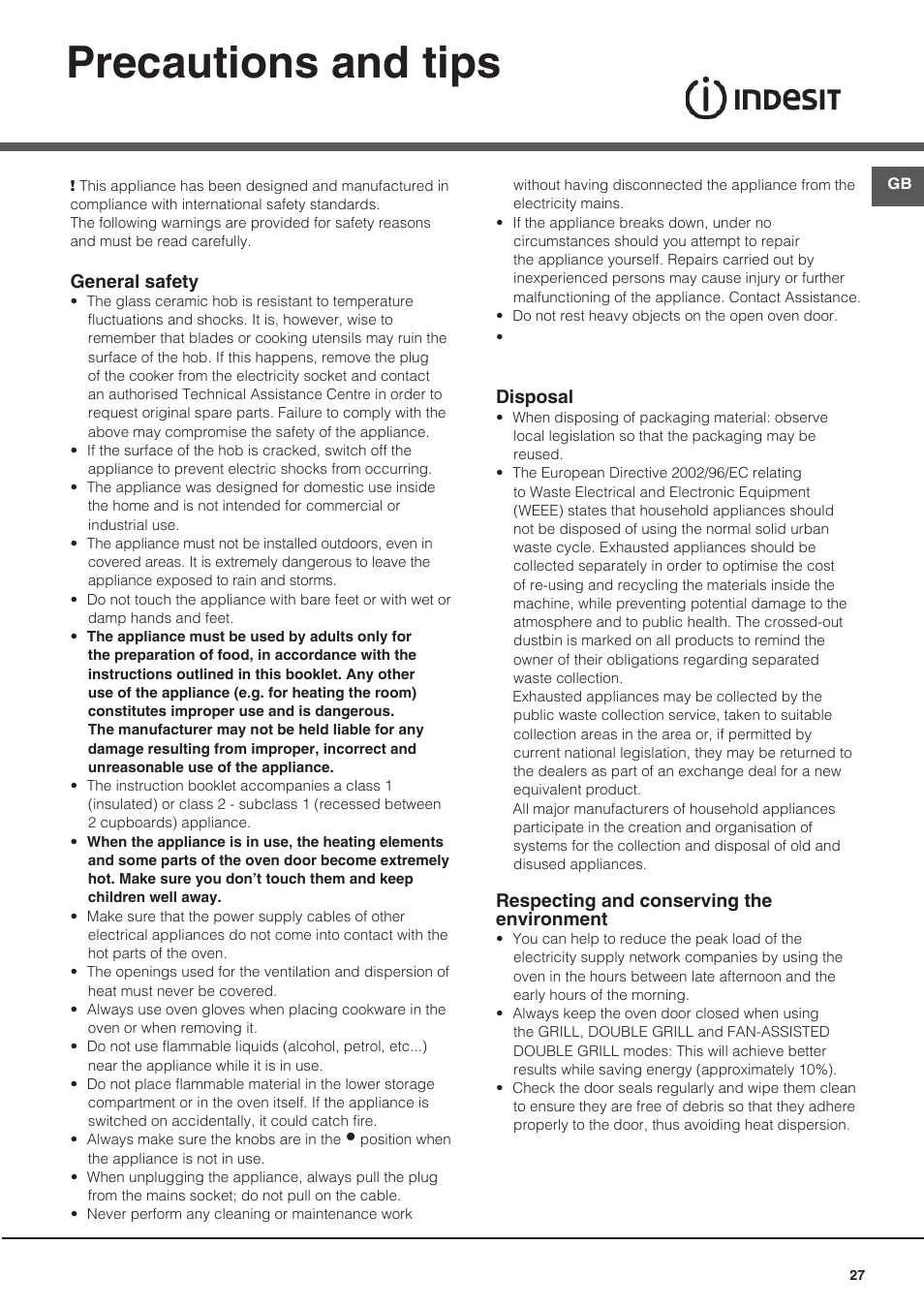 Precautions and tips | Indesit I5V7H6A(X)-EU User Manual | Page 27 / 76