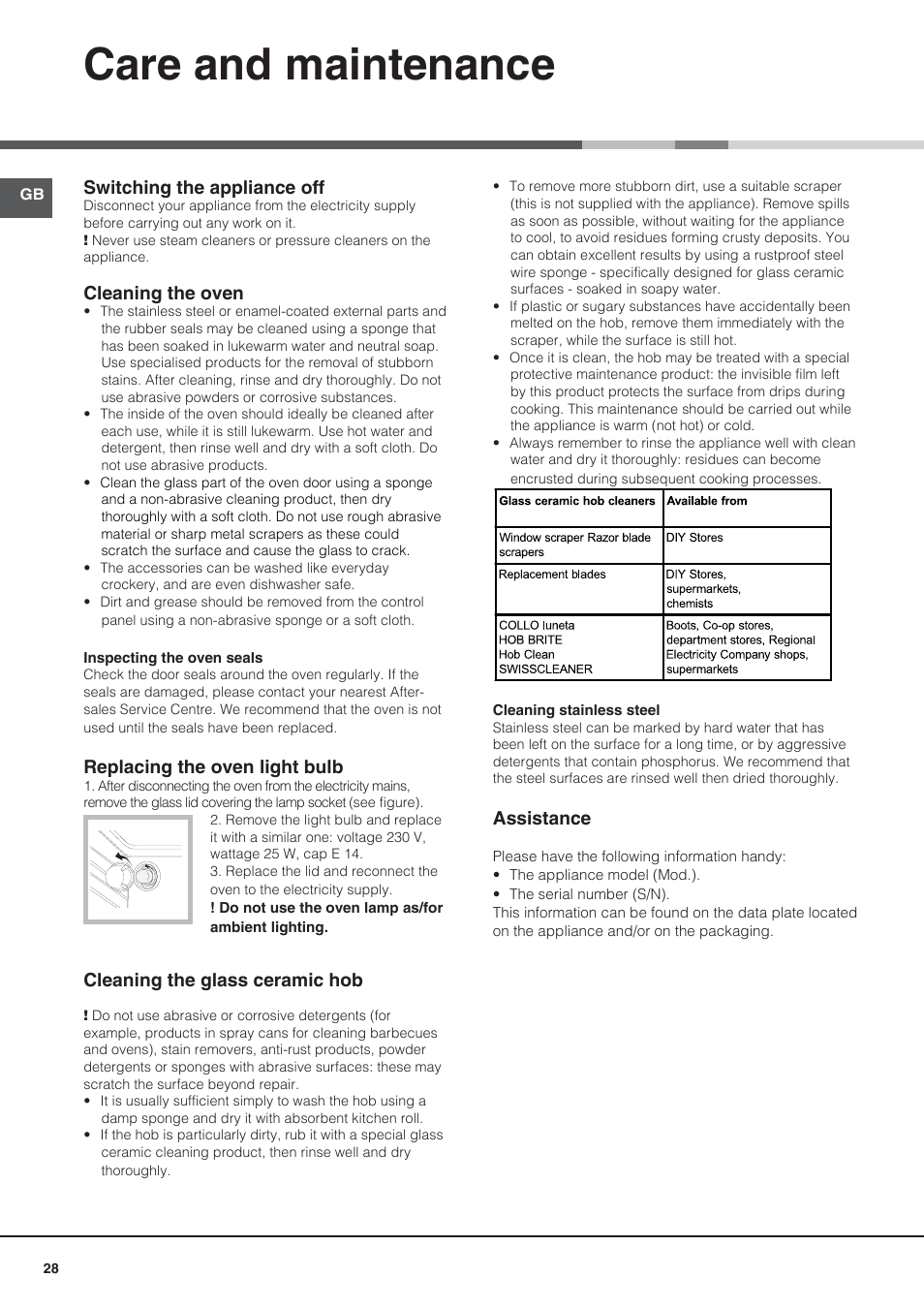 Care and maintenance, Switching the appliance off, Cleaning the oven | Replacing the oven light bulb, Cleaning the glass ceramic hob, Assistance | Indesit I5V7H6A(X)-EU User Manual | Page 28 / 76