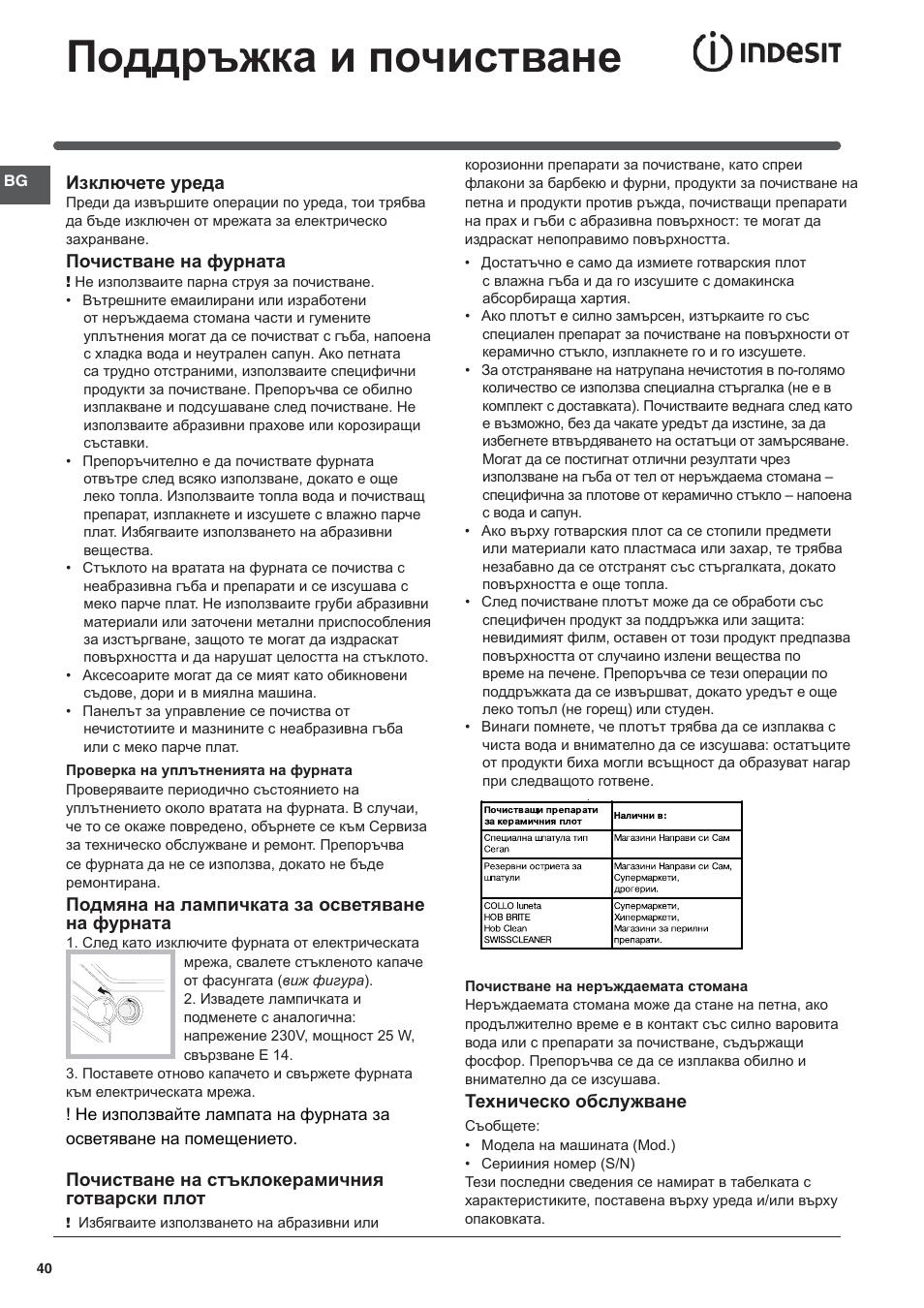 Поддръжка и почистване | Indesit I5V7H6A(X)-EU User Manual | Page 40 / 76