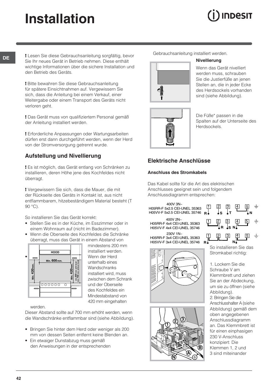 118602 de, Installation, Aufstellung und nivellierung | Elektrische anschlüsse | Indesit I5V7H6A(X)-EU User Manual | Page 42 / 76