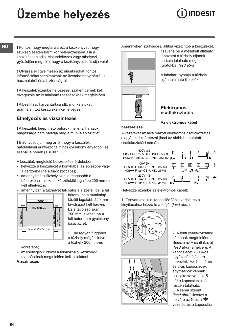 118602 hu, Üzembe helyezés, Elhelyezés és vízszintezés | Elektromos csatlakoztatás | Indesit I5V7H6A(X)-EU User Manual | Page 54 / 76