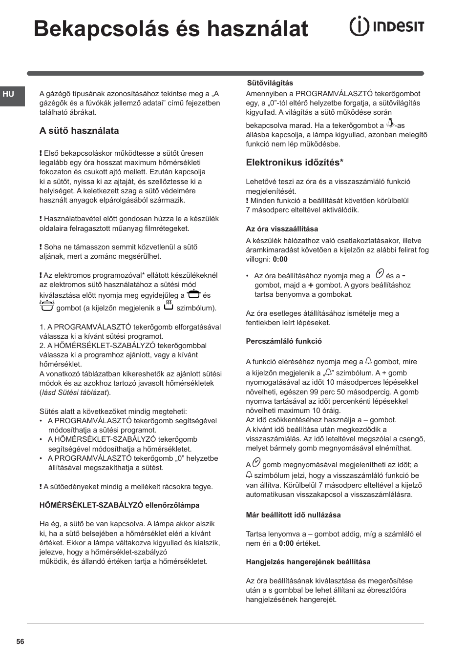 Bekapcsolás és használat | Indesit I5V7H6A(X)-EU User Manual | Page 56 / 76