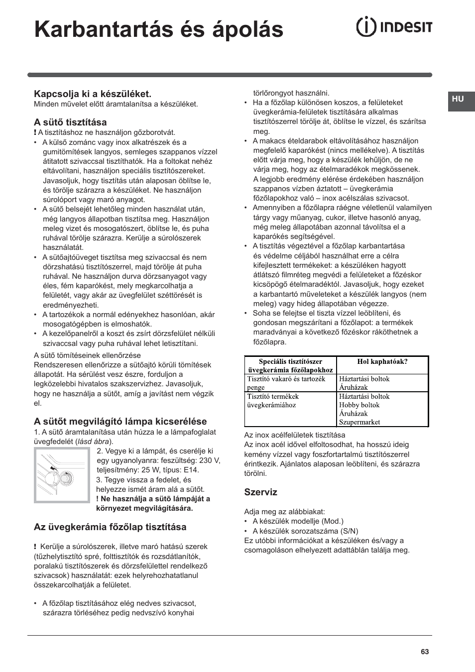 Karbantartás és ápolás | Indesit I5V7H6A(X)-EU User Manual | Page 63 / 76