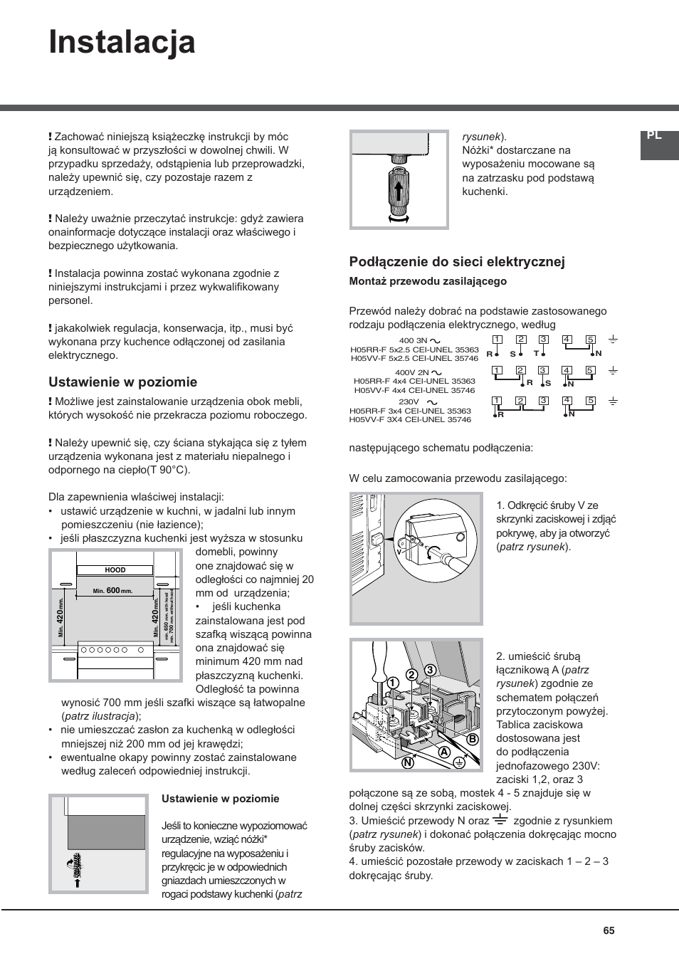 118602 pl, Instalacja, Ustawienie w poziomie | Podłączenie do sieci elektrycznej | Indesit I5V7H6A(X)-EU User Manual | Page 65 / 76
