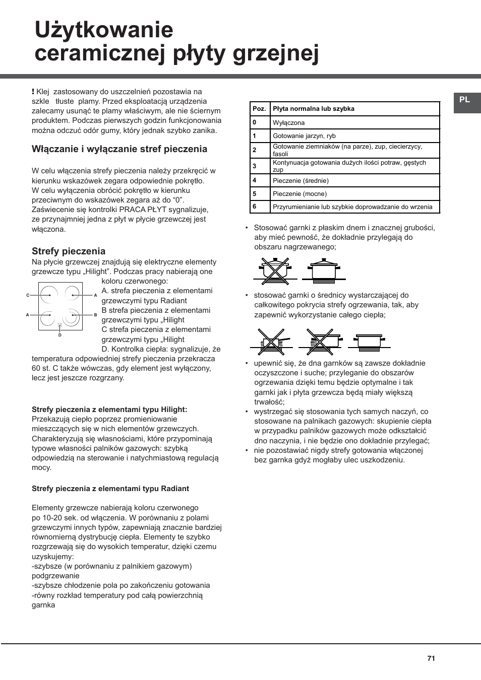 Użytkowanie ceramicznej płyty grzejnej, Włączanie i wyłączanie stref pieczenia, Strefy pieczenia | Indesit I5V7H6A(X)-EU User Manual | Page 71 / 76