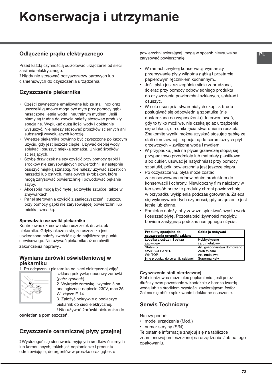 Konserwacja i utrzymanie | Indesit I5V7H6A(X)-EU User Manual | Page 73 / 76