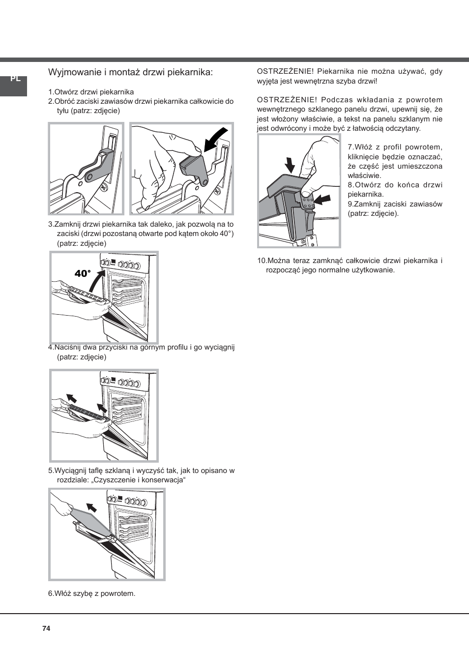 Wyjmowanie i montaż drzwi piekarnika | Indesit I5V7H6A(X)-EU User Manual | Page 74 / 76