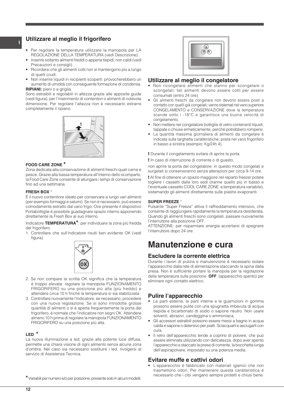 Manutenzione e cura, Utilizzare al meglio il frigorifero, Utilizzare al meglio il congelatore | Escludere la corrente elettrica, Pulire l’apparecchio, Evitare muffe e cattivi odori | Indesit IN CB 31 AA User Manual | Page 12 / 48