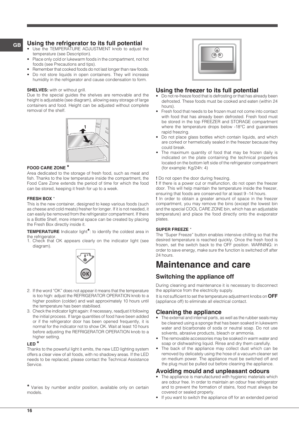 Maintenance and care, Using the refrigerator to its full potential, Using the freezer to its full potential | Switching the appliance off, Cleaning the appliance, Avoiding mould and unpleasant odours | Indesit IN CB 31 AA User Manual | Page 16 / 48