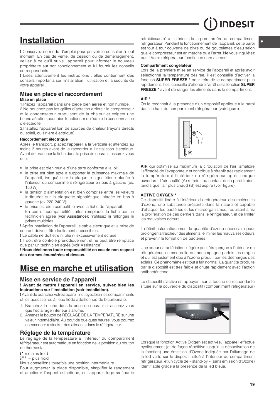 Installation, Mise en marche et utilisation, Mise en place et raccordement | Mise en service de l’appareil, Réglage de la température | Indesit IN CB 31 AA User Manual | Page 19 / 48