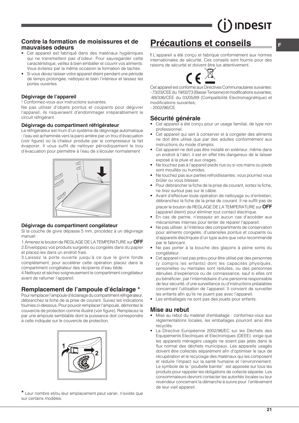 Précautions et conseils, Remplacement de l’ampoule d’éclairage, Sécurité générale | Mise au rebut | Indesit IN CB 31 AA User Manual | Page 21 / 48