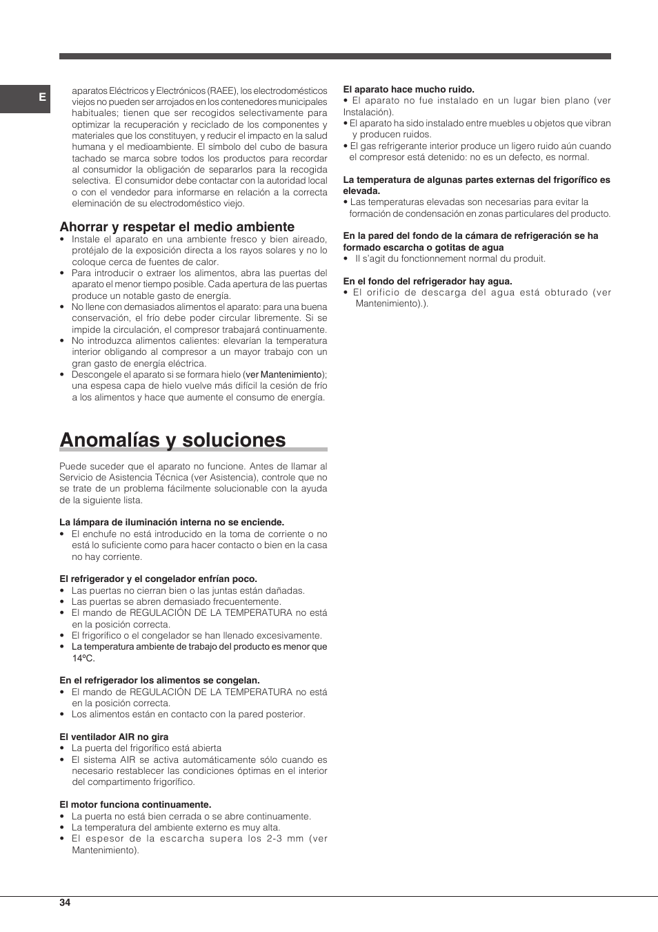 Anomalías y soluciones, Ahorrar y respetar el medio ambiente | Indesit IN CB 31 AA User Manual | Page 34 / 48