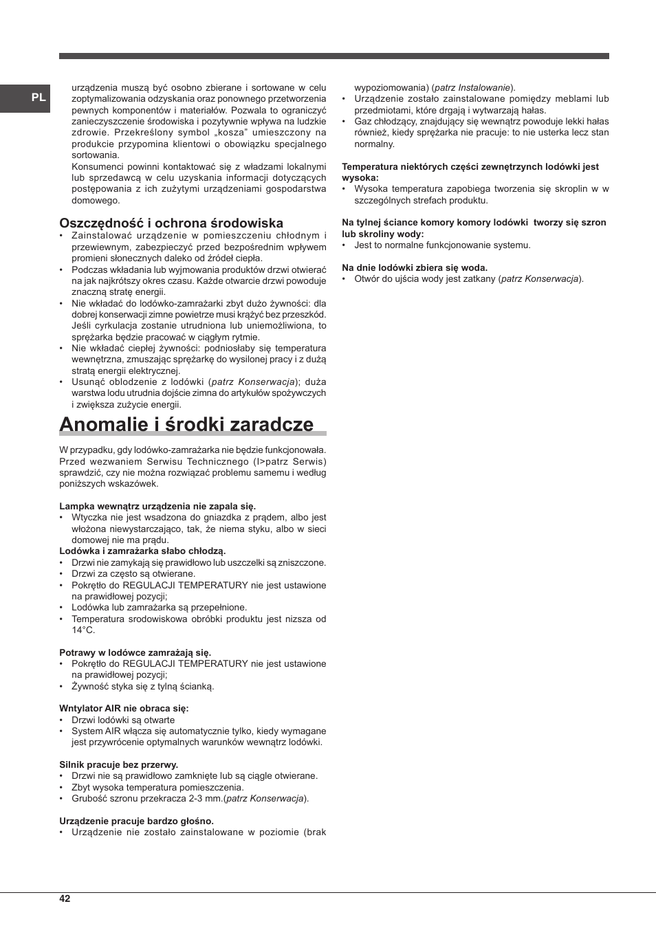 Anomalie i środki zaradcze, Oszczędność i ochrona środowiska | Indesit IN CB 31 AA User Manual | Page 42 / 48