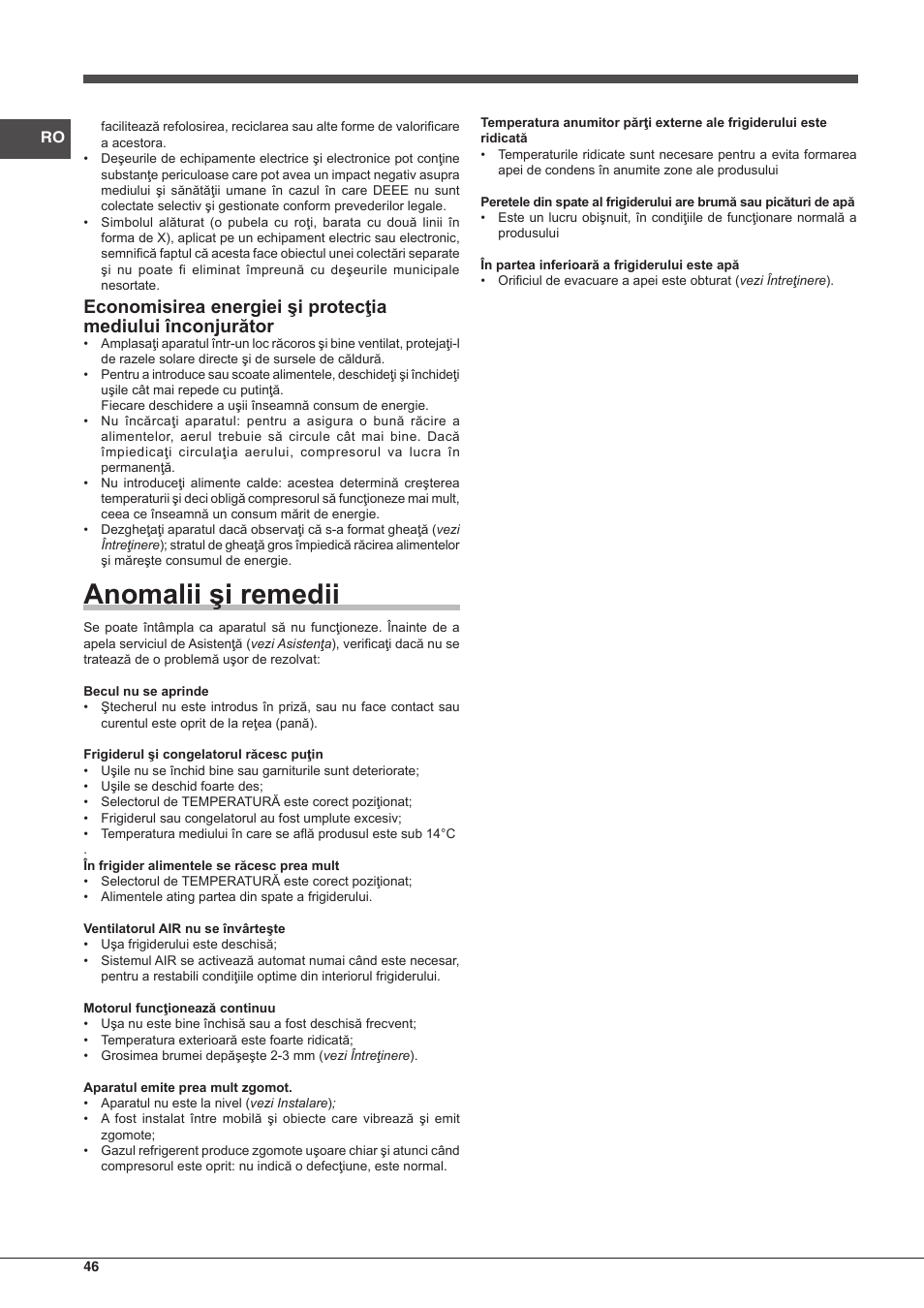 Anomalii şi remedii | Indesit IN CB 31 AA User Manual | Page 46 / 48